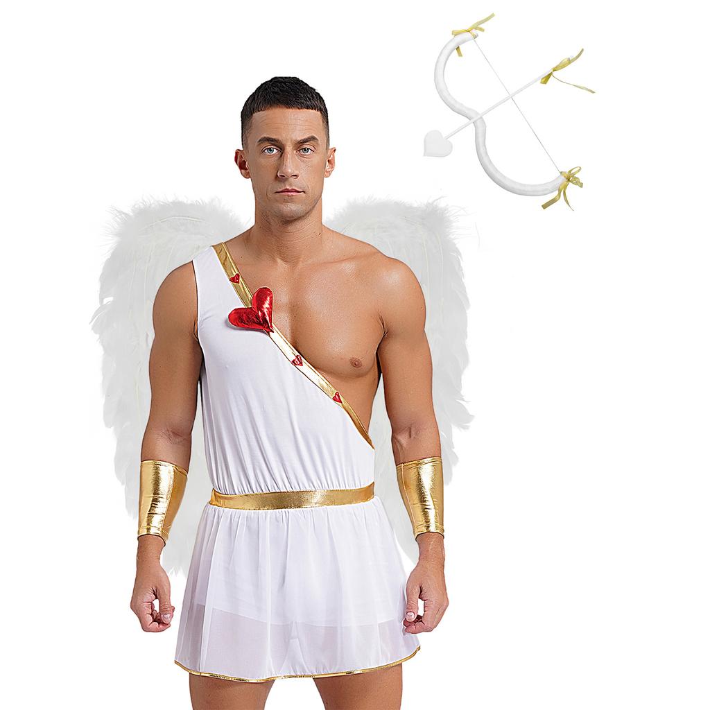 Mens Valentine Cupid Cosplay Costume Heart Shaped One Shoulder Romper Bodysuit Detachable Cuffs Feather Wings Set