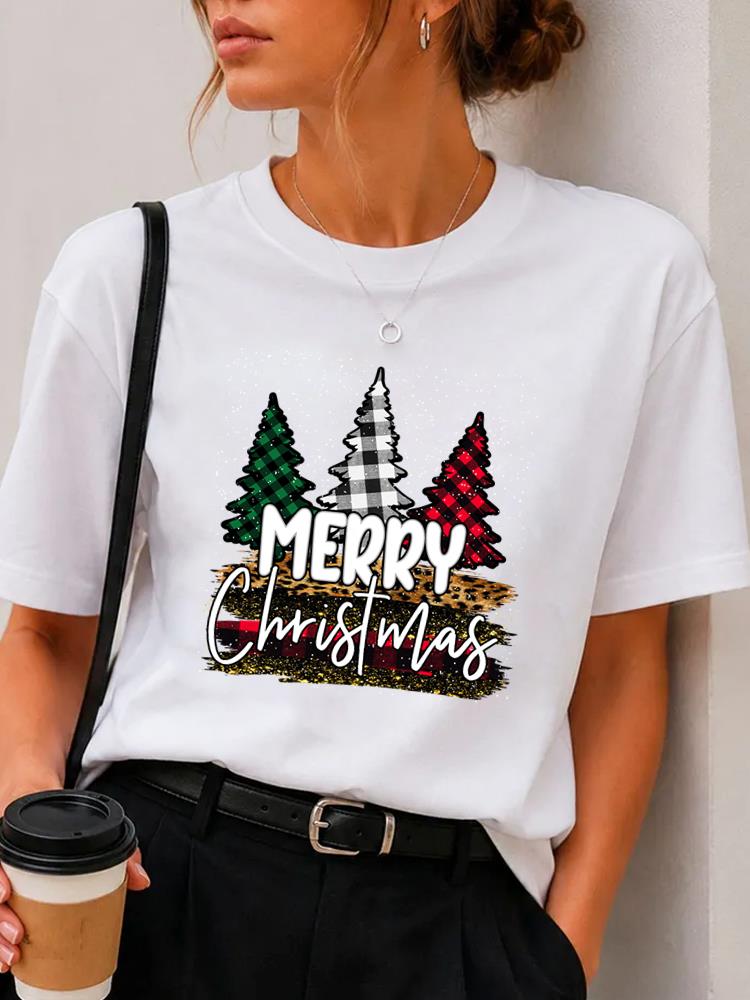 (Asian Size) Plaid Trend Cute Merry Christmas Fashion Short Sleeve T-shirts Women's Top O-neck T Shirt Print Casual New Year Clothing Graphic Tee