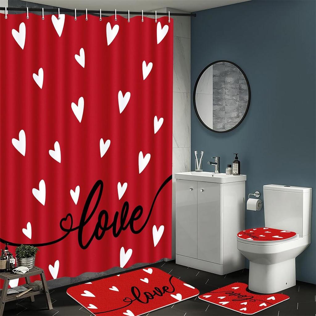 4-piece Valentine's Day Shower Curtain Bathroom Set - Red Love Carpet Toilet Seat Cushion, Absorbent Shower Pad