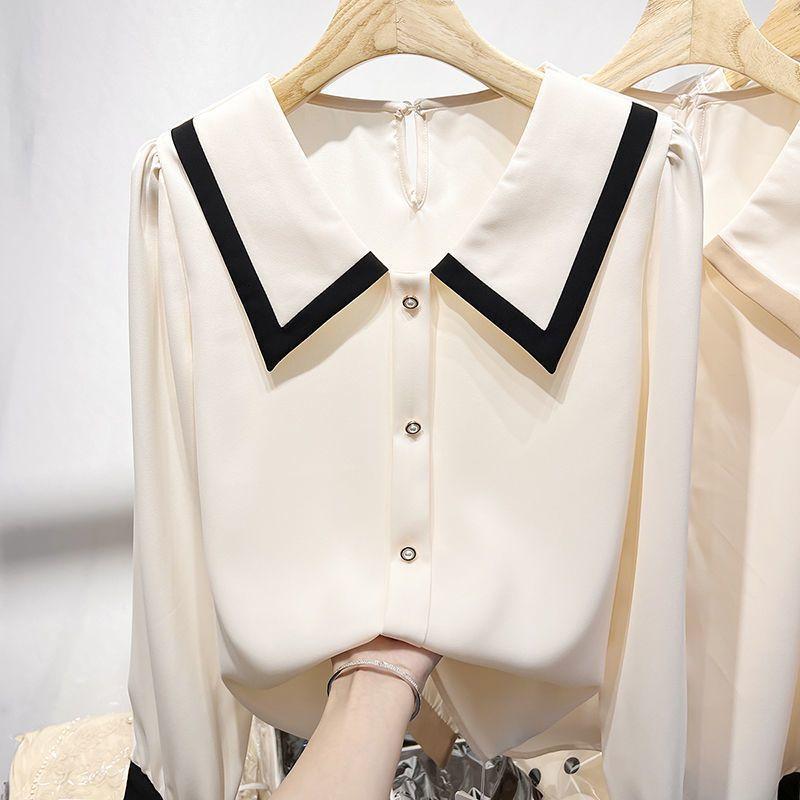 Spring Autumn Polo-neck Patchwork Elegant Fashion Blouse Women Long Sleeve Casual Buttons Cardigan Shirt Top
