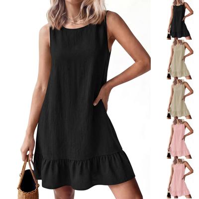 Sleeveless Loose Fit Ruffle Hem Mini Dress Lightweight Casual Tank Style Summer Dress for Women with Round Neckline
