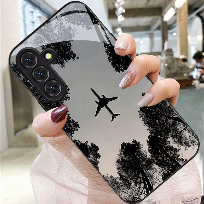 Airplane Forest Silhouette Printed Glass Phone Case Suitable for Samsung Galaxy S26 S25 S24 S22 S21 S20 FE Ultra Plus Anti Drop