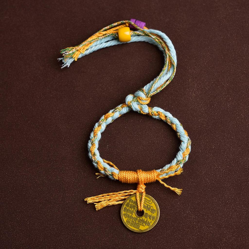 Handmade Tibetan Ghost Flower Coin Bracelet: Adjustable Five-Color Braided Rope with Tassel In Ethnic Style