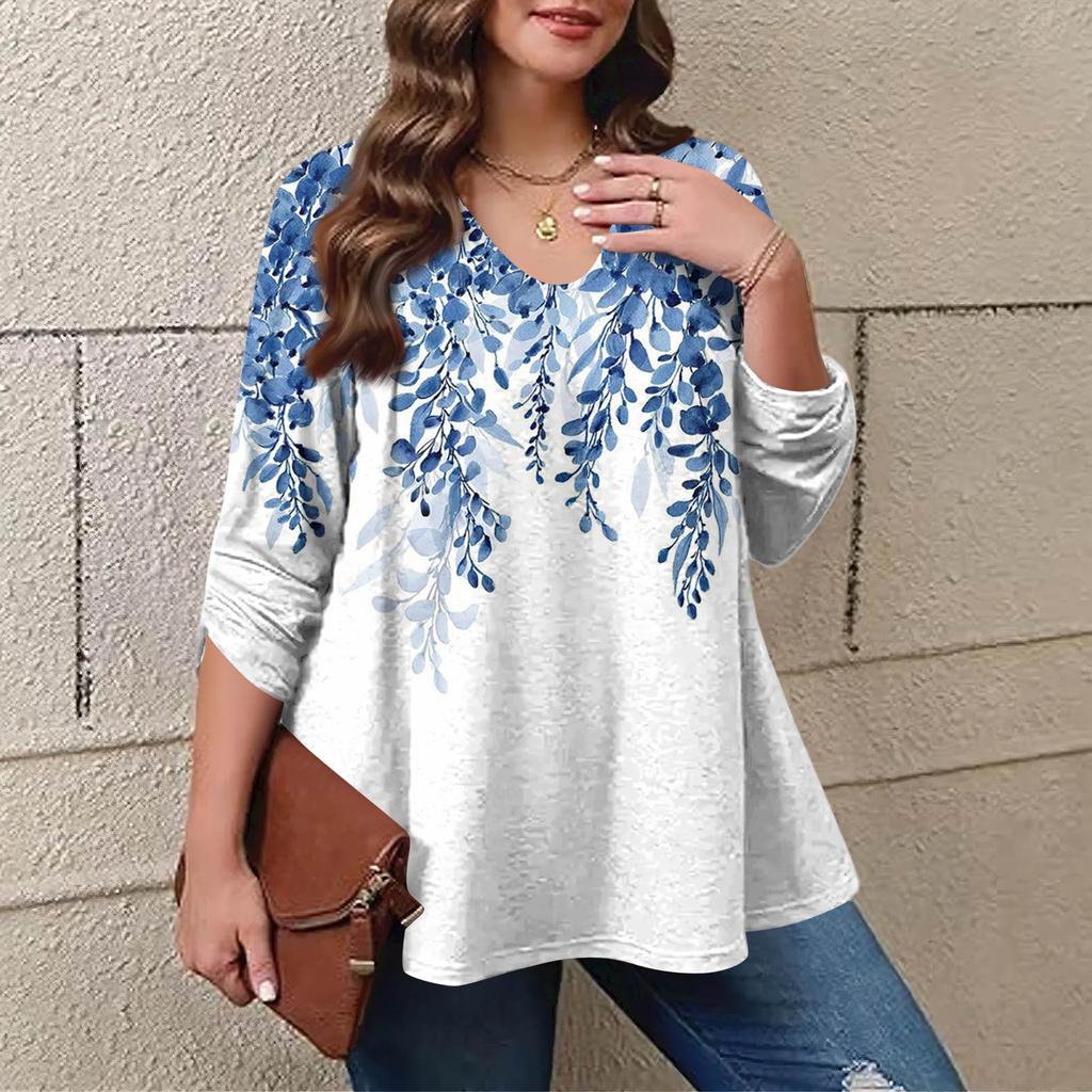Women's Plus Size Fashion Printed Casual Pleated Round Neck Long Sleeve Top