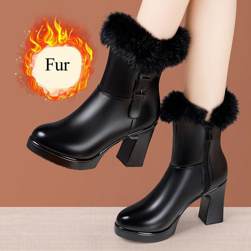 8см Маленький размер 33-43 Новые туфли из флока Зимние ботинки 2025 Женские ботильоны на высоком блочном каблуке Короткий плюш для офиса Мама 43 4529₽