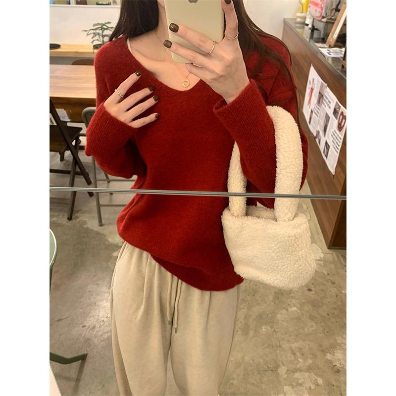 Collar simple knitted sweater women's spring loose versatile bottoming shirt casual lazy inner top