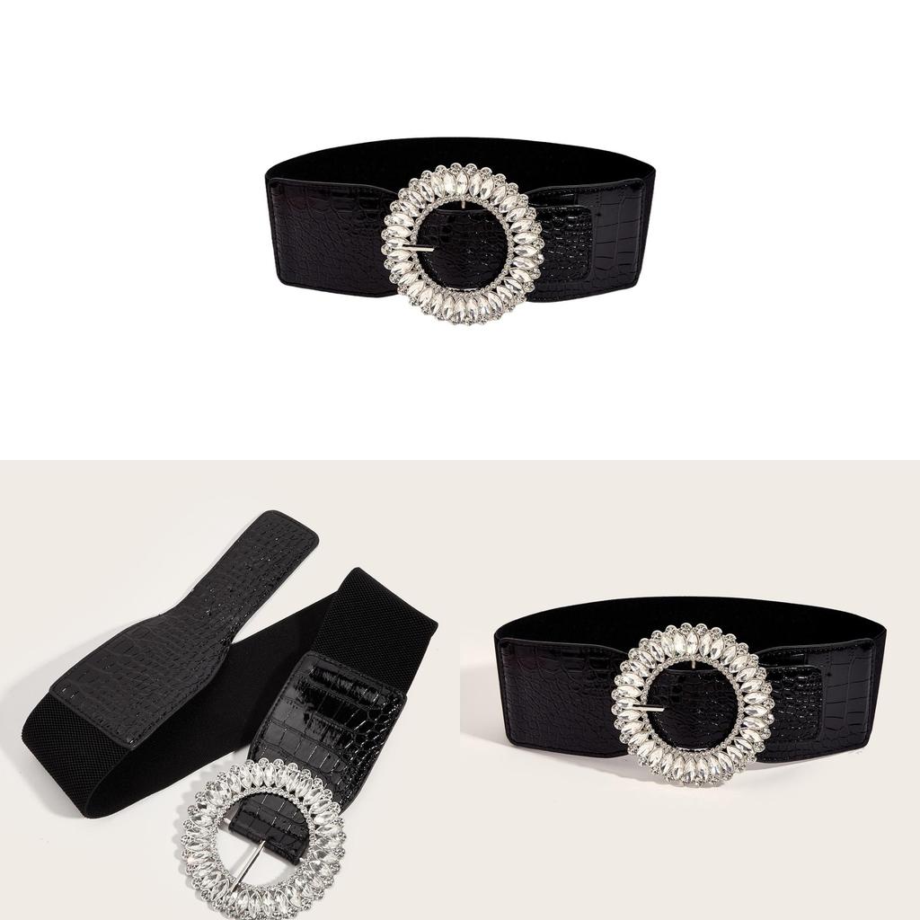 Vintage Korean Style Wide Belt For Dresses With Alloy Buckle And Elastic Waist For Winter Fashion