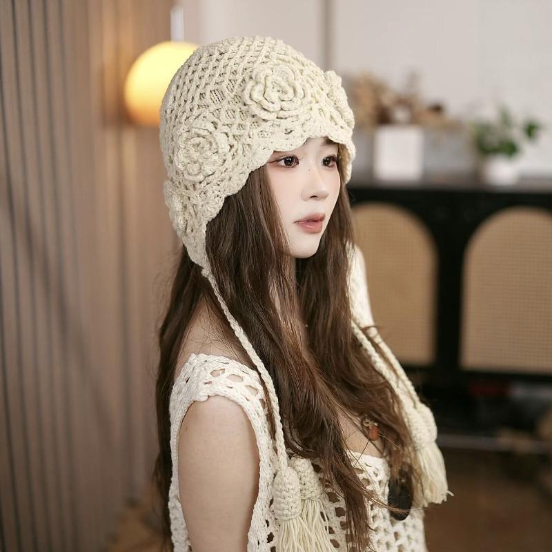Herbst- und Winter-Doppellagen-Handhäkel-Strickmütze Böhmische Wollmütze mit Fransen Literarischer Mode-Trendhut