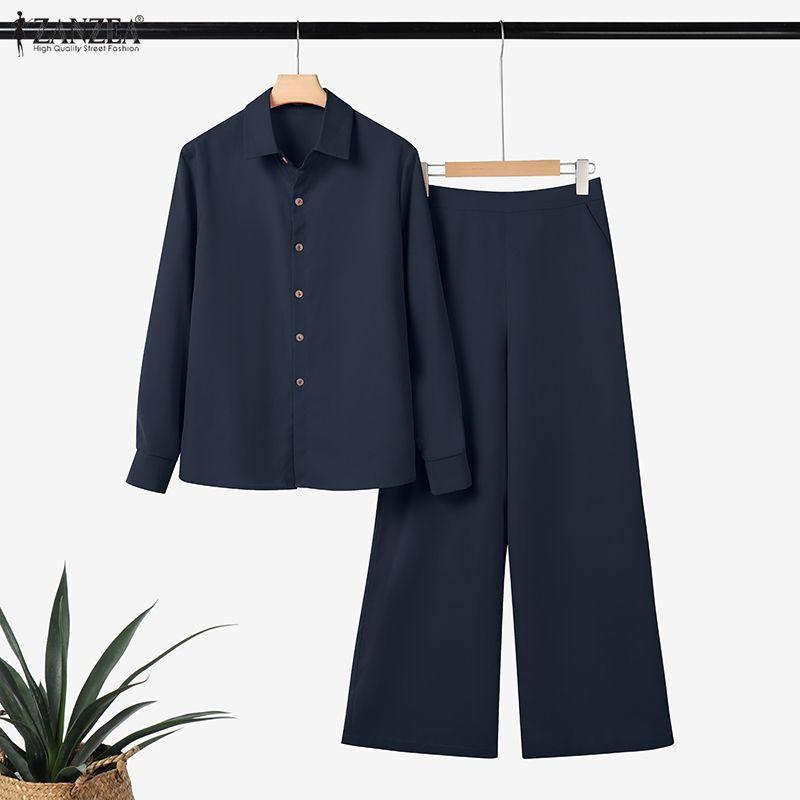 ZANZEA Women Long Sleeve Blouse and Pants Casual Two Piece Suit Sets