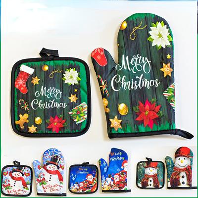 2-teiliges/Set Weihnachtsbedruckte Ofenhandschuhe, Hitzebeständig und Hitzebeständiges Mikrowellen-Ofenhandschuh-Set