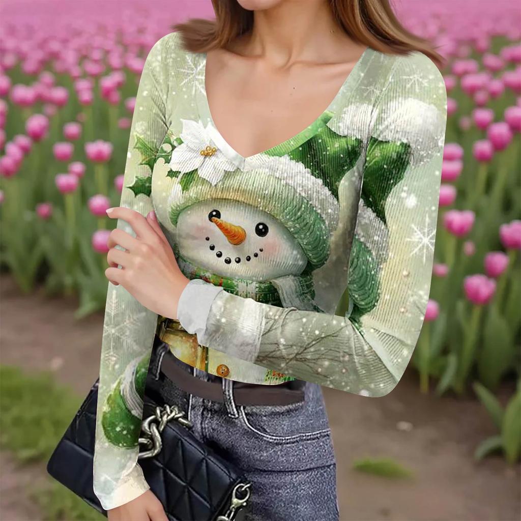 Women's Winter Slim-Fit Base Layer T-Shirt Fashionable Christmas Print V-Neck Pullover Long-Sleeved Top