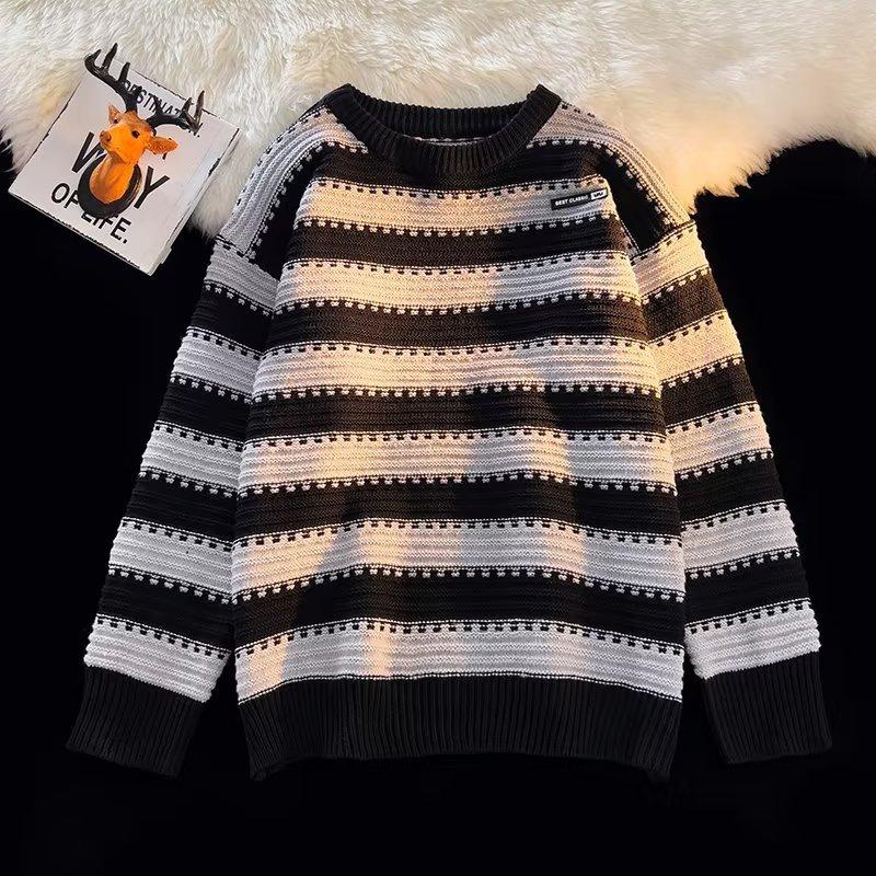 

Japanese Retro Sweater for Men In Autumn and Winter, Lazy Style, Round Neck, Striped Inner Layer, Bottoming Sweater, Loose Jacket S