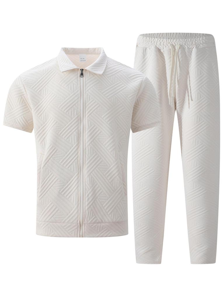 Conjunto Masculino de Jaqueta de Manga Curta e Calça com Estampa Geométrica e Camiseta Branca, Roupa Casual Streetwear