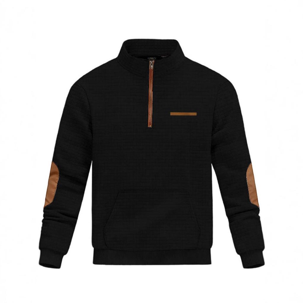 Men's Casual Oversized Solid-Color Outdoor Small Check Stand-Up Collar Half-Zip Sweatshirt