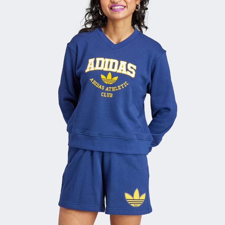 adidas Originals Letter Logo Embroidered V-Neck Long Sleeve Sweatshirt Women Sweatshirt Blue IL2414