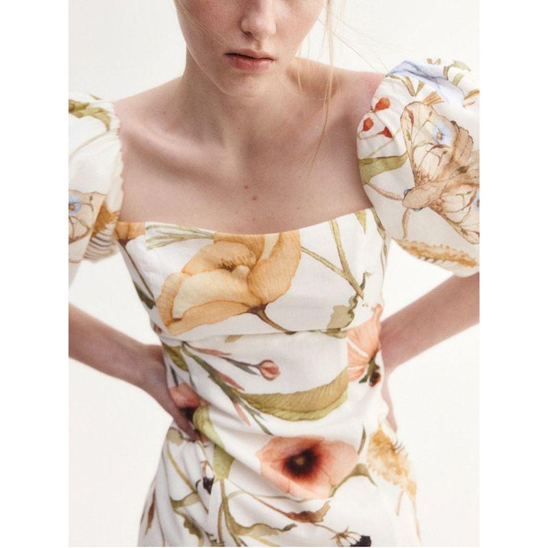 Za2025 Summer New Product Women's Clothes French Square Collar Puff Sleeve Print Silm off-the-Shoulder Dress 1272220
