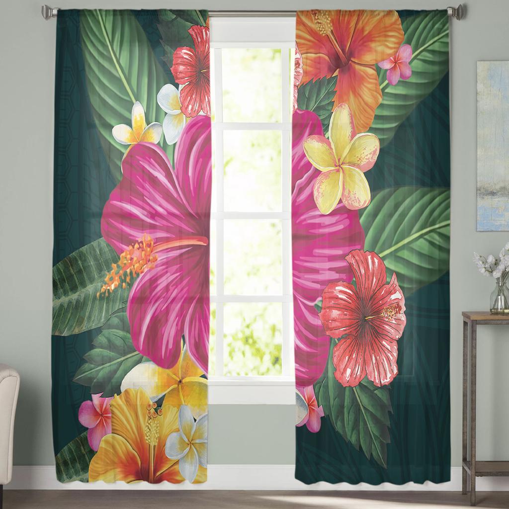 Green Plant Red Hibiscus Chiffon Tulle Curtains For Living Room Kitchen Bedroom 3d Print Sheer Voile Curtain Window Treatment