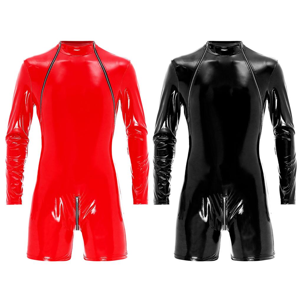 Muži Wet Look Lakovaná kůže Slim Fit kombinézy Dlouhý rukáv Zip v rozkroku Trikot Body Catsuit Clubwear