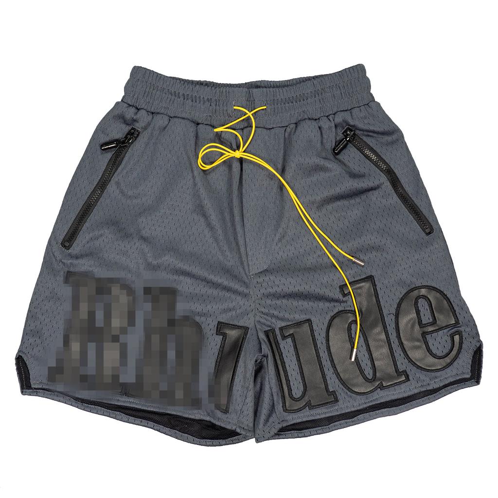 Trendy Brand RHUDE Leather Letter Embroidery Drawstring Mesh Basketball Sports Shorts Men's and Women's High Street Beach Five-point Pants