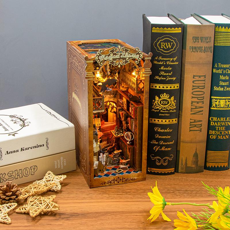 Book Nook Shelf Insert  Casa Miniature Doll House Kit Toys Home Dollhouse Bookends Furniture Wooden Bookshelf Birthday Gifts