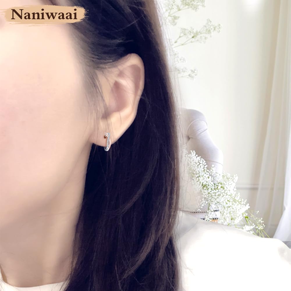 Naniwaai Earrings for Women Popular Shiny Zirconia Earrings Hypoallergenic Twisted Two Tone Hoop Earrings Ring 925 Silver Earrings 18K Pink Gold