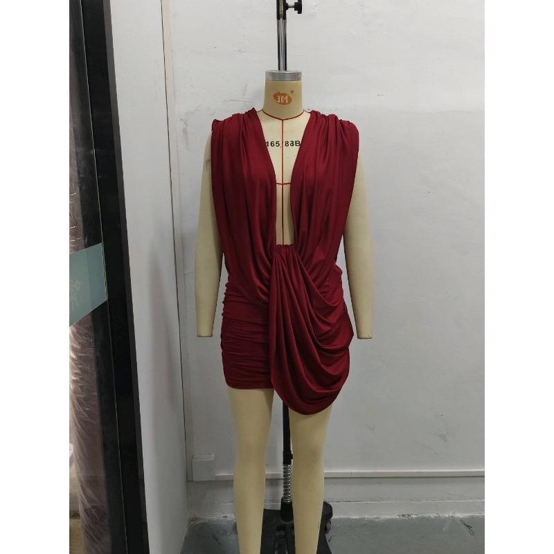 Women S Sexy Deep V Neck Pleated Bodycon Mini Solid Color Dress