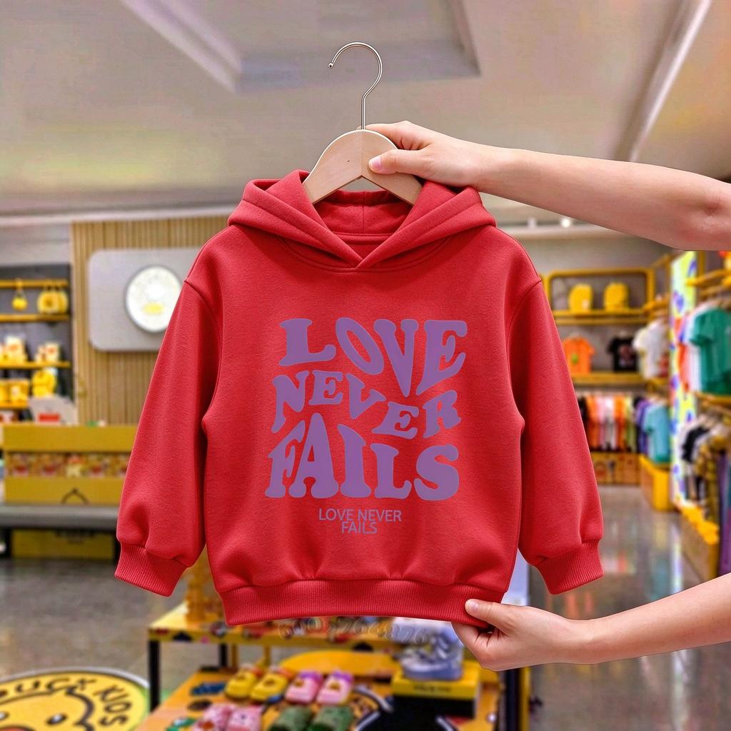 Kids Love Never Fails Letter Print Fleece Hoodie, Warm Breathable Loose Casual Pullover Sweatshirt, Boys Girls Hooded Tops