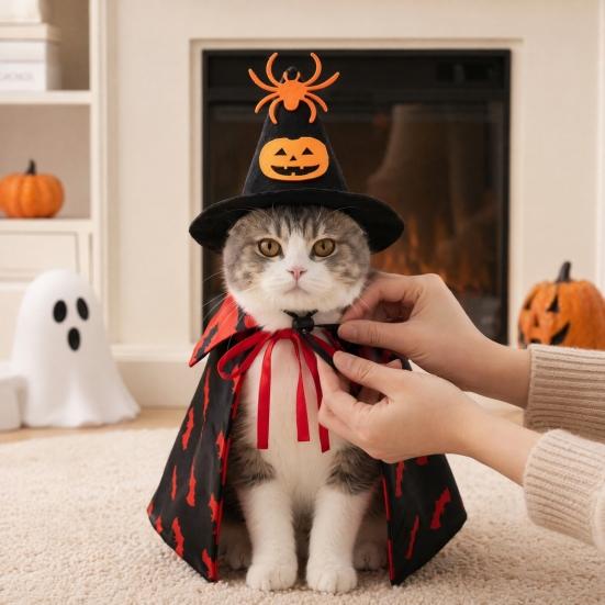 Huaqianguhh 1 Set Pet Halloween Costume, Spider Pumpkin Wizard Hat And Double-Sided Bat Print Cape, Holiday Party Outfit for Cats Dogs