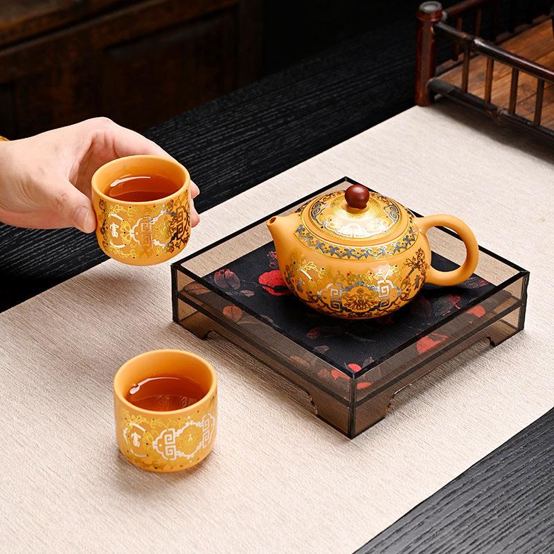 Gold Duan Mud Xishi Pot Gold and Silver Cuo Purple Sand Fengming Pot Tea Set Travel Portable Set