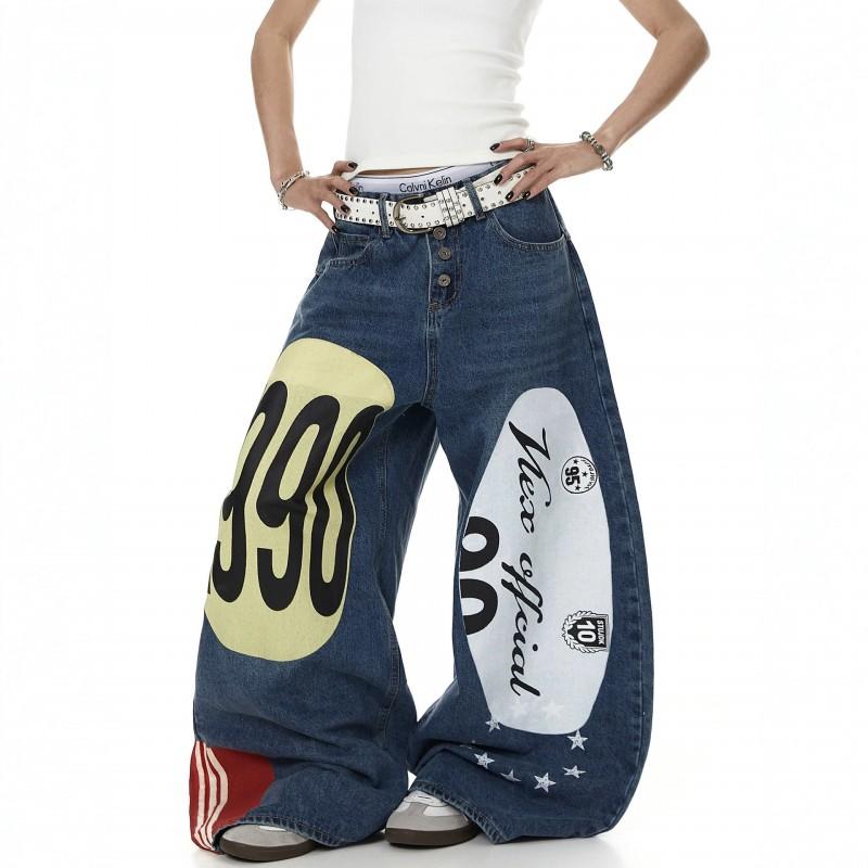 American Hip Hop Graffiti Print Denim Shorts Loose Wide Leg Jeans Teens