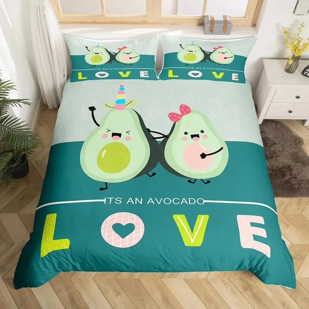 Avocado Duvet Cover Set Queen Size 3D Printed Cartoon Funny Faces Avocado Bedding Set Green White,Tropical Botanical Quilt Cover