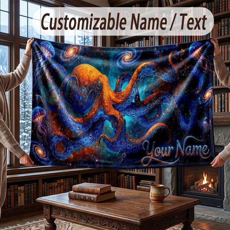 Octopus Sea Life Theme Throw Blanket Custom Name Text Personalized Blanket Soft Cozy Blanket for Home Sofa Bed