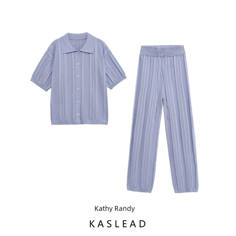 Kaslead New Women clothes Western Style Fashion Hollow out Polo Shirt Top Set Casual Trousers