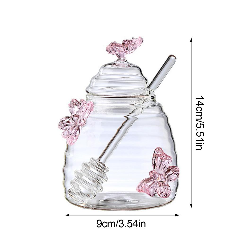 Clear Glass Honey Jar with Lid & Dipper Pink Butterfly Design Creative Honey Pot