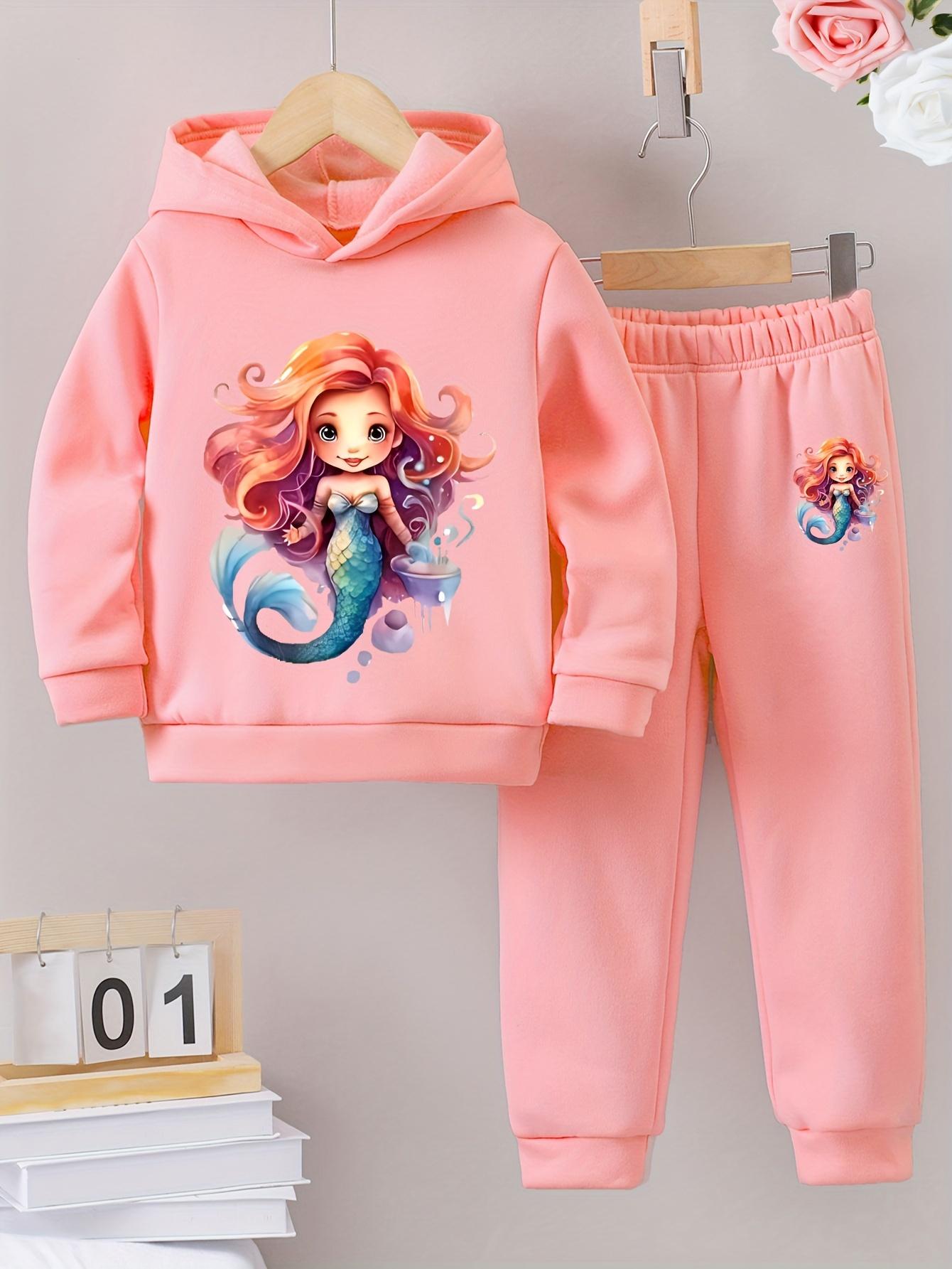 2 Sets Modische Mädchen süß niedlich lässig Herbst/Winter Meerjungfrauen-Print warmer Fleece-Hoodie und Trainingsanzughose 120 pink