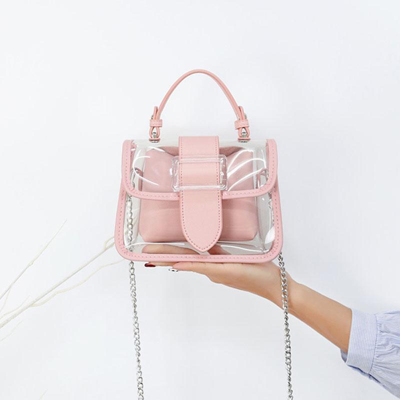 IELGY Fresh And Sweet Jelly Bag Girl Fashion Portable Magnetic Button PVC White Spring And Summer Ins Transparent Bag Chain Handbag Son-mother Bag