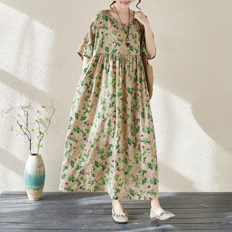 Kurzarm Plus-Size-Baumwolle im Vintage-Stil mit Blumenmuster, neu in Kleidern für Damen, lässig, locker, für den langen Sommer