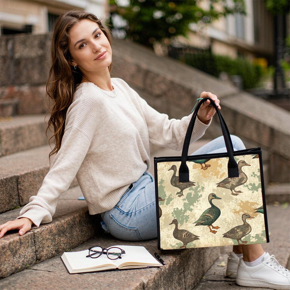 Vintage Duck Print Tote Bag Casual Portable Shopping Shoulder Purse for Daily Use