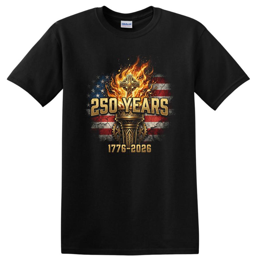 250 Years Anniversary T Shirt American Flag Fire Cross Celebration Tee S