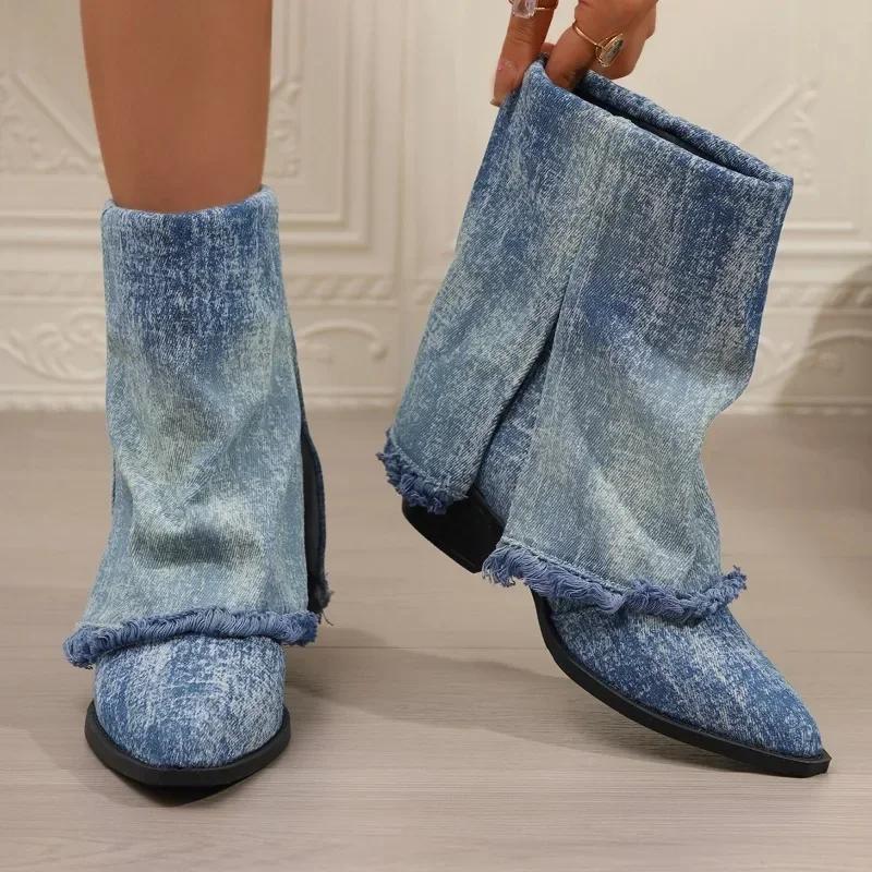 Fashion 2024 Fashion Ladies Shoes Slip-on Women's Boots Hot Sale Pointed Toe Modern Boots Women New Tassel Square Heel Mid-Calf Boots