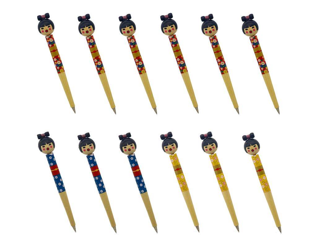 Traditional folk art Japanese souvenir Kokeshi ballpoint pen set of 12 3 3 (6 red, blue, yellow)