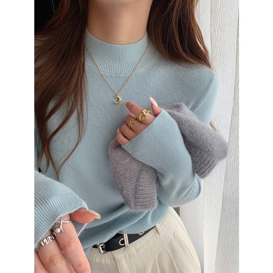 Sweater Women Solid Autumn Winter Mid Neck Basic Pullover Soft Half High Collar Long Sleeve Knit Pullovers Tops