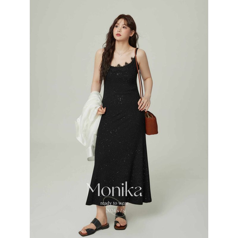

Plus Size Women s Clothing Sequin Lace Waist-Tight Slim Looking Sling Dress Chubby Girl Sun Protection Slightly Transparent White Shirt Suit Summer Black Dress XL