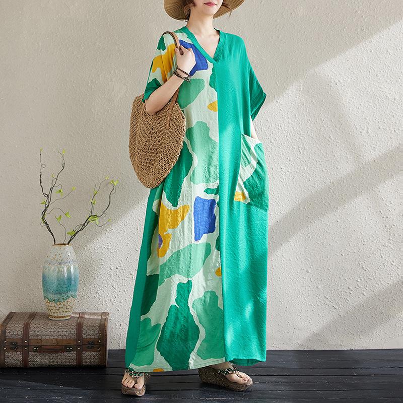 Sommer Fett Mm Dünn Baumwolle Leinen Schlankmachend V-Ausschnitt Kurzarm Kontrastierende Spleißung Mittellanges Kleid für Damen Kleider