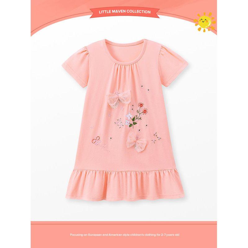 Sweet and Cute Style Girls' Dress Summer Pink Bow Print Kidsren's Short-Sleeved Mid-Length Skirt Knitted Skirt