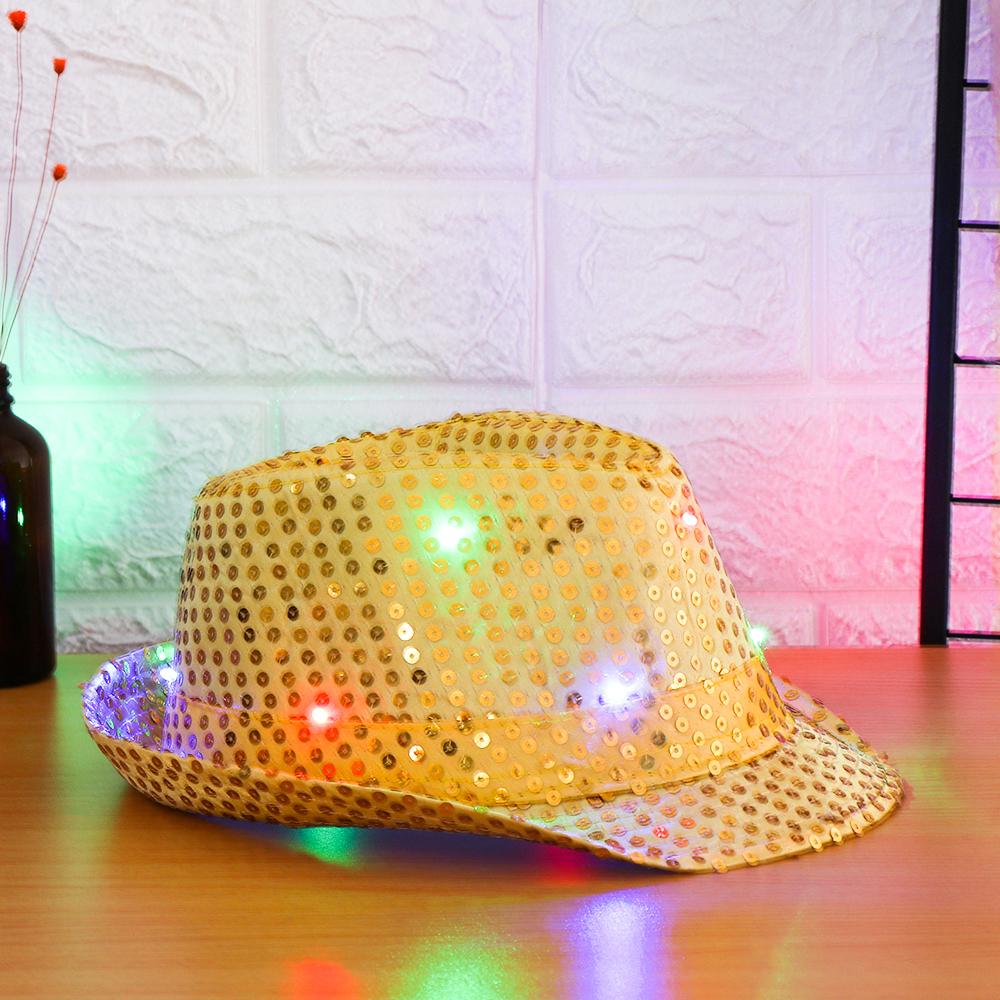 New Fashion Light Up Flashing Panama Cap Led Fedora Trilby Jazz Hat Sequin