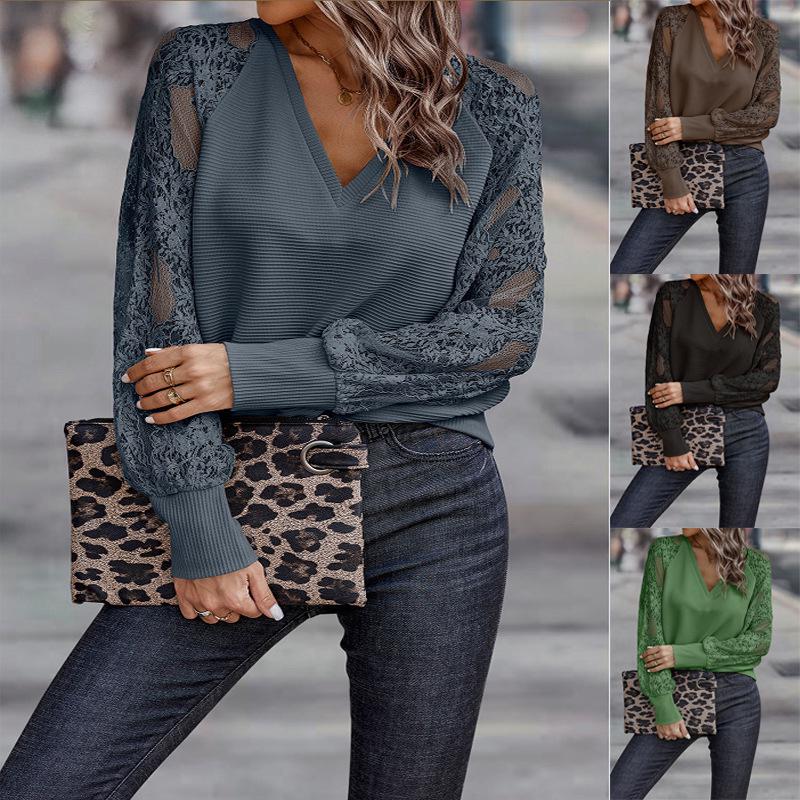 European & American Women's V-neck Lace Knitted Sweater - Loose Casual 2024 Spring/Summer Fashion Top