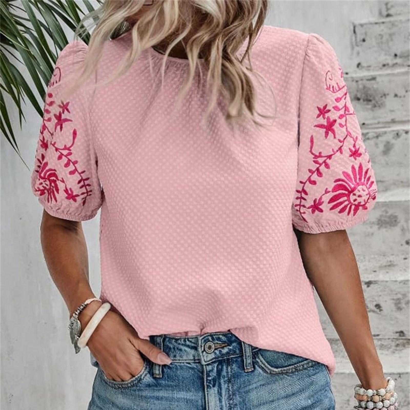 

Женская мода повседневная вышивка круглый вырез Bubble короткий рукав рубашка топ S розовый