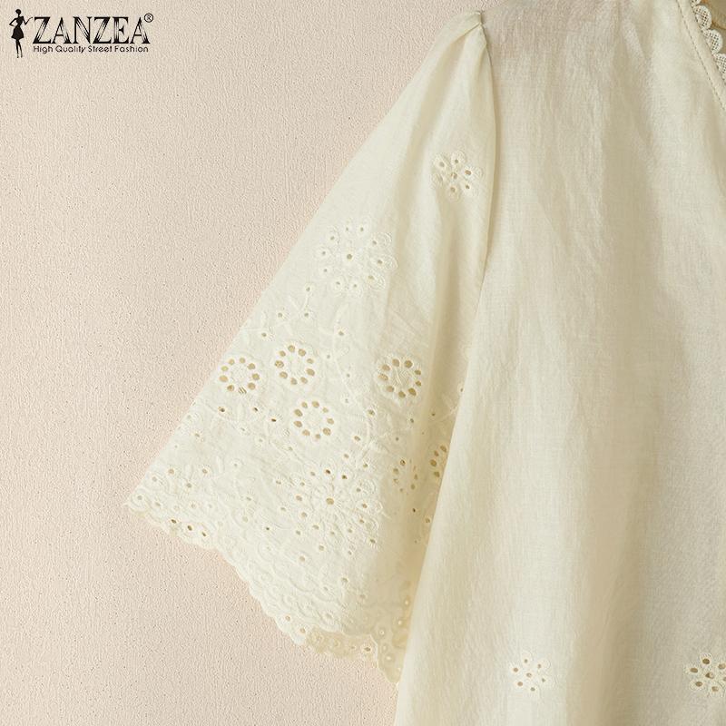 ZANZEA Blouse d'été décontractée à col en V pour femme, manches courtes, broderie dentelle