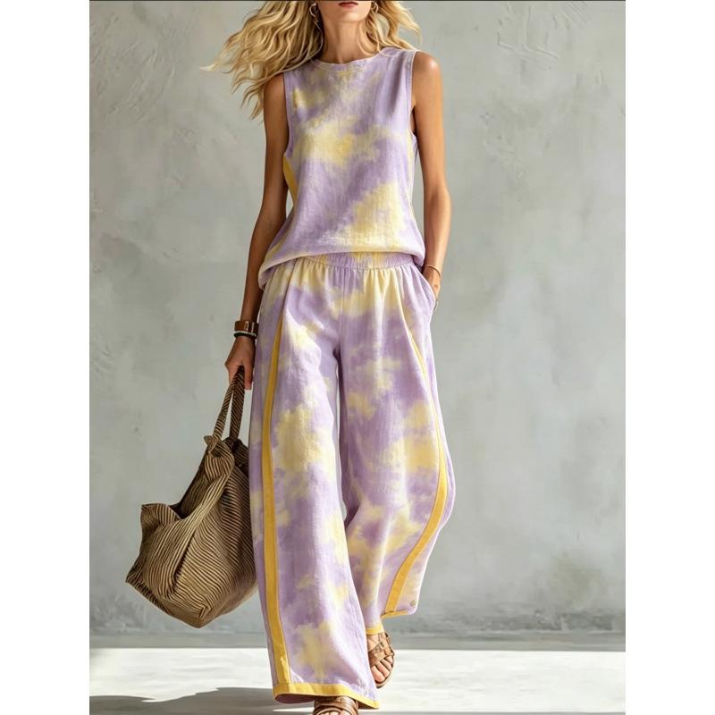 Rundhals-Oberteil weite Hosen zweiteiliges Set Damen Freizeitanzug Europäisch und Amerikanisch Sommer neu Regenbogen Batik ärmellos